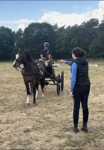 Andy's coach pointing with instruction as he drives Loretta in the Steensel dressage field during a training lesson.