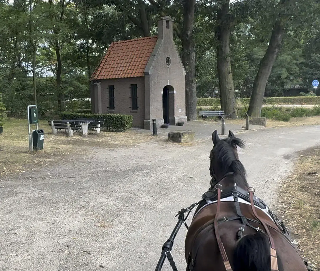 Loretta the bay mare and Andy's carriage approaching the tiny brick roadside chapel with its red-tiled roof at the edge of Steensel, Netherlands.